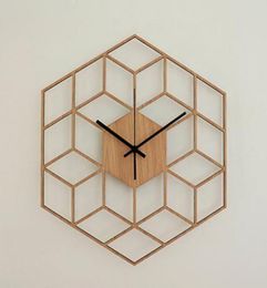 1 Pcs Hexagon Wood Wall Clock European Minimalist Geometric Lines Exquisite Artistic Silently Clock for Cafe Home Living Room Deco4604116