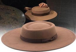 Stingy Brim Hats Autumn Winter Women Panama Felt Hat Fedoras Wide Bow For Female British Style Vintage Lady Flat Cap2475085