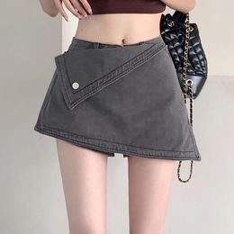 Women's Jeans Old Denim Shorts Summer Retro Skirts Irregular High Waisted Buttocks Wrapped Wide Leg Pants Black