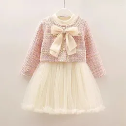 Clothing Sets Fashion Girl Elegant Plaid Set Autumn Woollen Bow Coat Mesh Princess Dress 2Pcs Toddle Children Outerwear Baby Clothes 1-10Y