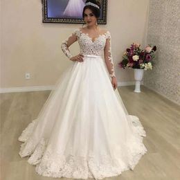 Ball Gown Princess Wedding Lace Dresses Sheer Neck Illusion Long Sleeves Appliques Country Bridal Dress Vestido De Noiva