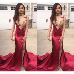 African Hot Selling Dark Red Mermaid Prom Dresses 2019 Gold Appliques Sweetheart Split Party Gowns Elegant Evening Formal Dress 0430