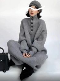 Casual Dresses Autumn Winter Long Sweater Dress Korean Loose Lazy Knitted Length Over Knee Thickened High Neck Button Decor