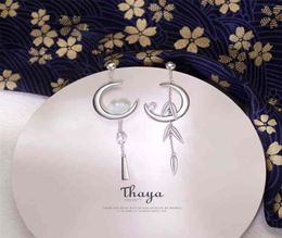 Thaya 925 Sterling Silver Earring Dangle Crescent Bamboo leaves Japanese Style For Women Fine Jewellery 2106189405007