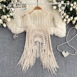 Women's Tanks Vintage Vacation Beach 2024 Women Knitted Tassel Tank Tops Hook Flower Hollow Out Bohemian Casual Camisole