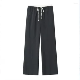 Women's Pants Trousers 2024 Casual Autumn High Waisted Straight Leg Wide Pockets Elastic Waist Drawstring Pinstripe