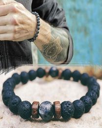 Natural Volcanic Lava bracelet Rock Stone Strand Bracelets Wood bead Black Charm Stone Jewellery Women Men accessories Gift2839926