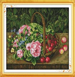 Fruit basket flowers Cherry home decor paintings Handmade Cross Stitch Embroidery Needlework sets counted print on canvas DMC 14C9589528