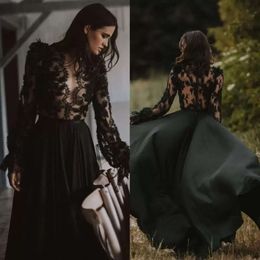 Czarne sukienki Suknia ślub ślubny boho koronkowy aplikacja iluzja gjezień szyfonowy pociąg gotycki tiul długie rękawy