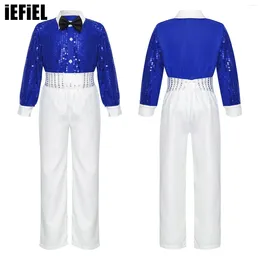 Clothing Sets Kids Boys Jazz Dance Outfits Shiny Sequin Long Sleeve Shirt Elastic Waistband Pants Bowtie Belt For Stage Performance Costume