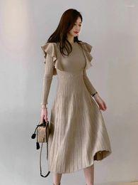 Casual Dresses Korean Fashion Sweet Knitted Long A-Line Dress Women Ladies Sweater Solid Ruffle O-Neck Skinny Vestido Robe Stretchy Clothes