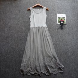 Casual Dresses Summer Sweet Sleeveless Embroidery Tank Dress Women Modal Lace Spaghetti Strap Ladies A Line Large Hem Long Vestidos