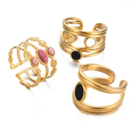 Cluster Rings Layered Stainless Steel Finger Pink Natural Stone Wide Ring Hollow Open Charm Shell Jewellery Adjustbale Women Accessories