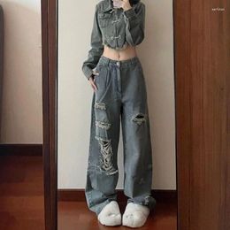 Women's Jeans American Style High Street Ripped Women Waist Loose Wide Leg Pants Harajuku Y2k Fashion Casual Trousers