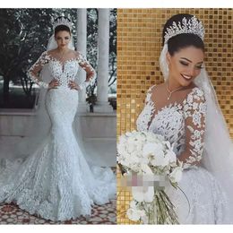 Latest Mermaid Vintage White 2021 Scoop Long Sleeves Applique Lace Up Bridal Wedding Gowns Bride Dresses