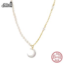 EFFIE QUEEN Exquisite 925 Sterling Silver Pearl Chains Necklace for Women Moon Shape Pendant Party Jewellery Gift GPN53 240425