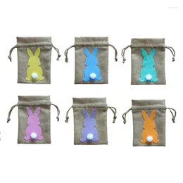 Storage Bags 6Pcs Easter Faux Linen Gifts Drawstring Cute Cartoon Plush Tail Goodies Candy Christmas Party Wholesales