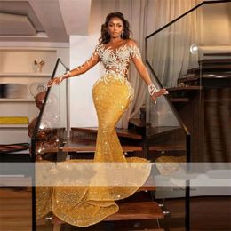 New Design Gold Sequins Prom Dresses 2023 Elegant Beads Crystals Pearls See-Thru Sleeves Formal Evening Birthday Party Gowns Robe De Soiree 0431