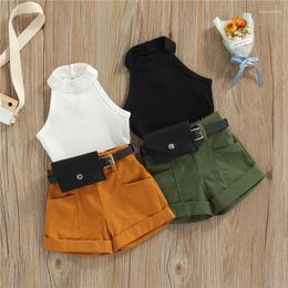 Clothing Sets Children Summer Clothes Set Fashion Kid Girls Solid Ribbed Mock Neck Vest Shorts With Pockets Waist Bag Outfit