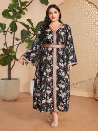 Ethnic Clothing Plus Size Women Floral Print Loose Belted Maxi Dress Dubai Abaya Turkey Kaftan Muslim Party Gown Morocco Djellaba Islam