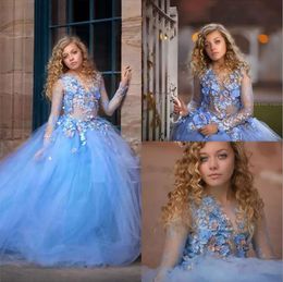 Blue Princess Flowers Girls Dresses For Wedding Long Sleeve Appliques Beads Ball Gown Kids Pageant Gowns First Holy Communion Dress 0431