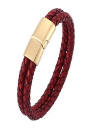 Charm Bracelets Double Layer Retro Red Braided Leather Bracelet Men Stainless Steel Magnetic Clasp Bangles Fashion Jewelry Male Wr8872199