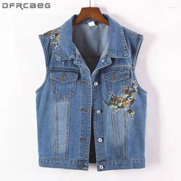 Women's Vests Sleeveless Flower Embroidery Denim Womens 2024 Vintage Streetwear Female Waistcoat Slim Summer Jacket Oustwear