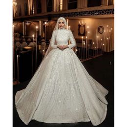 Shiny Ball Wedding Dresses Muslim Long Sleeves Beads Sequins Bridal Party Gown Pearls High Neck Robe De Mariage