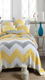 CHAUSUB Bedspreads Quilt Set 3PC Striped Cotton Quilts Patchwork Bed Cover Blanket King Size Quilted Bedding Coverlet Yellow T20067666748