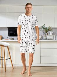 Mens casual pajamas home clothing coconut tree and seagull printed short sleeved shorts twopiece set for mens 240428