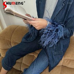 Women's Two Piece Pants Hong Kong Style Denim Suit Ostrich Fur Coat Autumn And Winter French Minority Cropped Stylish Two-Piece Outfits For