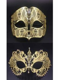 Party Masks Gold Metal Party Mask Phantom Men Women Filigree Venetian Mask Set Masquerade Couple Set Crystal Cosplay Prom Wedding 3986608