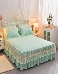 Blue Pink Beige Lace Bed Skirt Home Textile Solid Princess Bedspread Pillowcases Korean Fitted sheet 151820 Mattress Cover1452374