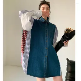 Women's Blouses SuperAen 2024 Autumn Fashion Denim Spliced Vintage Shirt Loose Long Sleeve Shirts