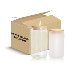 USA CA Warehouse Sublimation Clear Frosted Glass Mug 16Oz Beer Can Cups With Bamboo Lid And Straws 0430