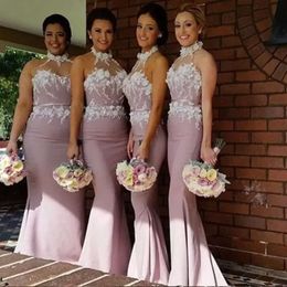 Dresses Halter Pink Bridesmaid Dusty Sleeveless Satin Floor Length Lace Applique Custom Made Plus Size Maid Of Honor Gown African Country Wedding Wear 403