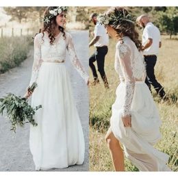 Ein langer Boho -Kleider Ärmel Linie Spitze Applikation Zwei Peice bodenlange maßgeschneiderte Landstrand Hochzeitskleid Vestido de Novia 403 Pplique pplique pplique