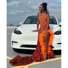 Orange Sparkly Long Evening Birthday Dresses For Black Girl 2024 Gillter Diamond Feather Veet Prom Gown Vestidos de Gala 0431