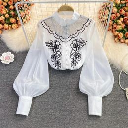 Women's Blouses Vintage Blouse Stand Collar Floral Embroidery Blusas Shirt Female Loose Stright Fashion Tide Tunic 2024 Autumn