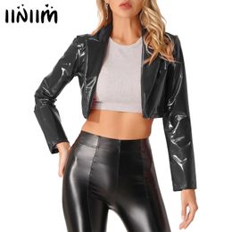 Womens Fashion Black Red Motorcycle Jacket Wet Look Music Festival Clubwear Long Sleeve Patent Leather Lapel Cropped Coat 240428