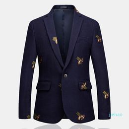 Fashion- Mens One Button Blazer Bee Embroidery Wedding Smart Casual Slim Fit Jacket High Quality Big Size 6XL Navy Blue Clothes Male 305a