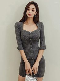 Casual Dresses Commute Lady Work Style Formal Pencil Dress Women Clothes Striped Elegant Office Sexy Square Collar Slim Short Mini Vestidos