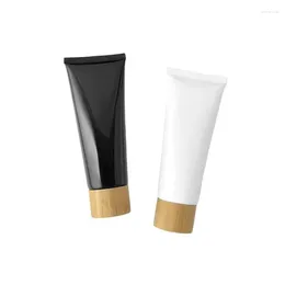 Storage Bottles Cosmetic Soft Squeeze Tubes Bamboo Wood Lid 50ML White Black Facial Cleanser Packaging Refillable Empty Skincare Sunscree