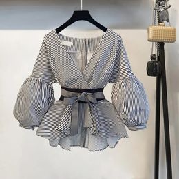 Lantern Sleeve Blouse Shirt Women Fashion Korean Style Summer Bow V-neck Striped Shirt Elegant Ladies Tops Female Clothing 240415