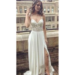 Elegant Deep V-Neck Spaghetti Straps Prom Dress Lace Chiffon Long With Split Special Ocn Evening Gowns Sweep Train Dresses 0430