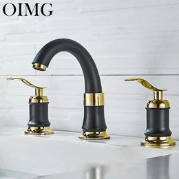 Bathroom Sink Faucets OIMG Black Gold Basin Faucet Mixer Tap Split 3 Holes Cabinet Dual Handle And Cold Water Bathtub