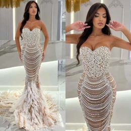 Elegant Dresses Beaded Fabulous Sweetheart Evening Mermaid Prom Dress Pearls Feathers Skirt Formal Dresses For Women