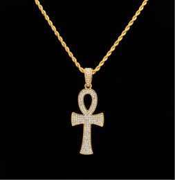 Hiphop Egyptian Ankh Key necklaces Gold&Silver Bling Rhinestone Crystal Crucifix Pendant Necklace For mens Hip Hop Party Jewelry5530005