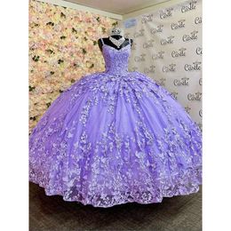 ラベンダードレスQuinceanera Lilac Princess With Cape Butterfly Lace-Up Corset Prom Sweet Dress Vestidos de 15 Anos