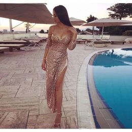 New Arrival Sexy Sparkly Sequins Rose Gold Mermaid Prom Dresses Off Shoulder High Side Split Long Sleeves Evening Party Gowns Formal Wear 0430